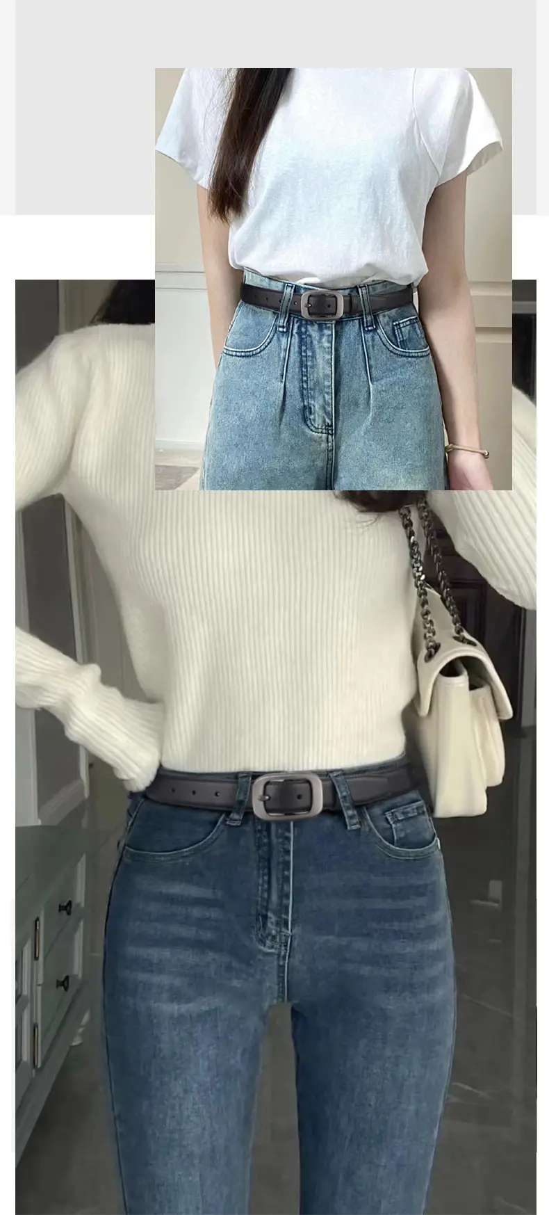 Women's Beige Leather Belt with Silver Buckle — feature 11