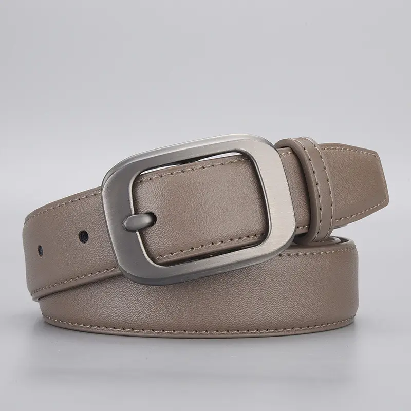 Women's Beige Leather Belt with Silver Buckle