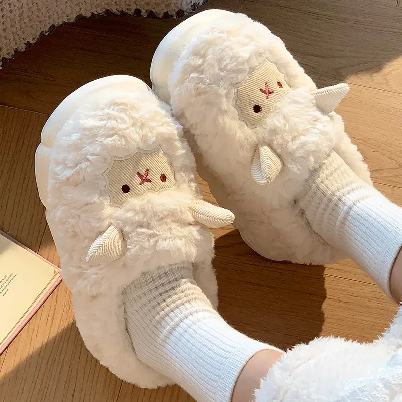 Cute Sheep Fluffy Slippers for Women Pink Winter - Image 12