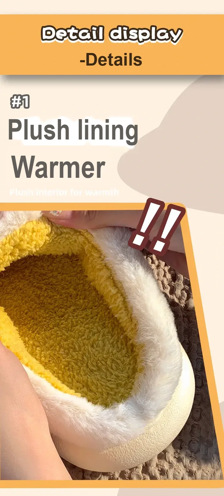 Text panel describing a plush interior, with part of a yellow-lined slipper visible