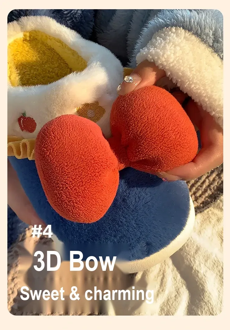 Close-up of the large red bow on a blue slipper