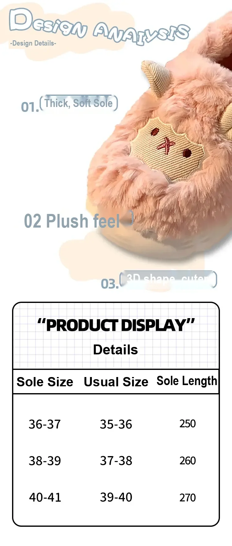 Pink slipper close-up with Chinese callouts about the soft sole, plush, and raised design