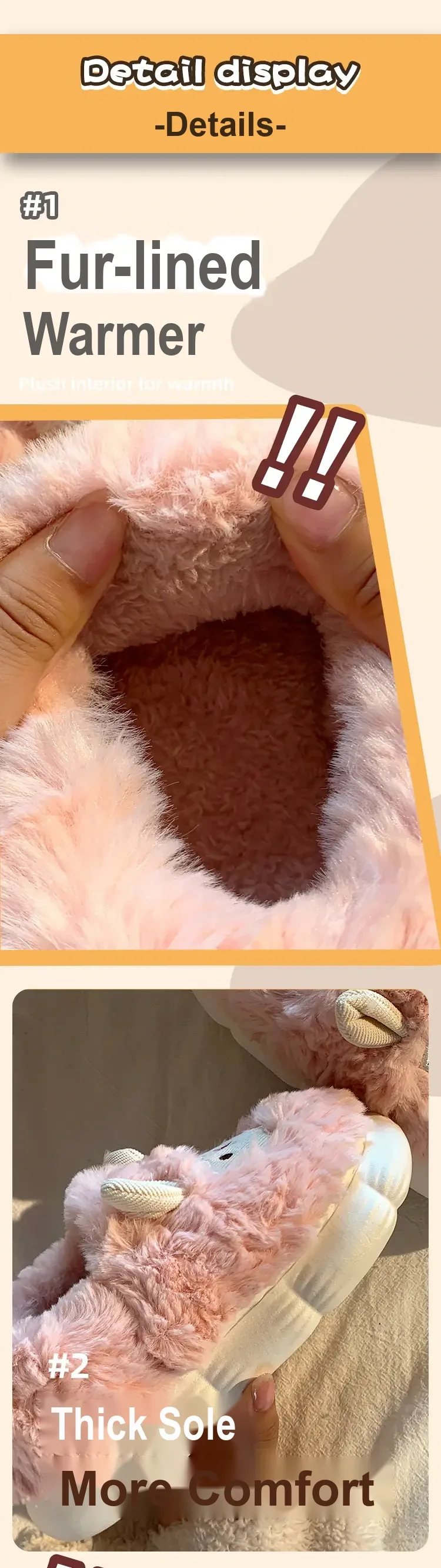 Close-up of pink plush slipper interior with text describing its plush lining
