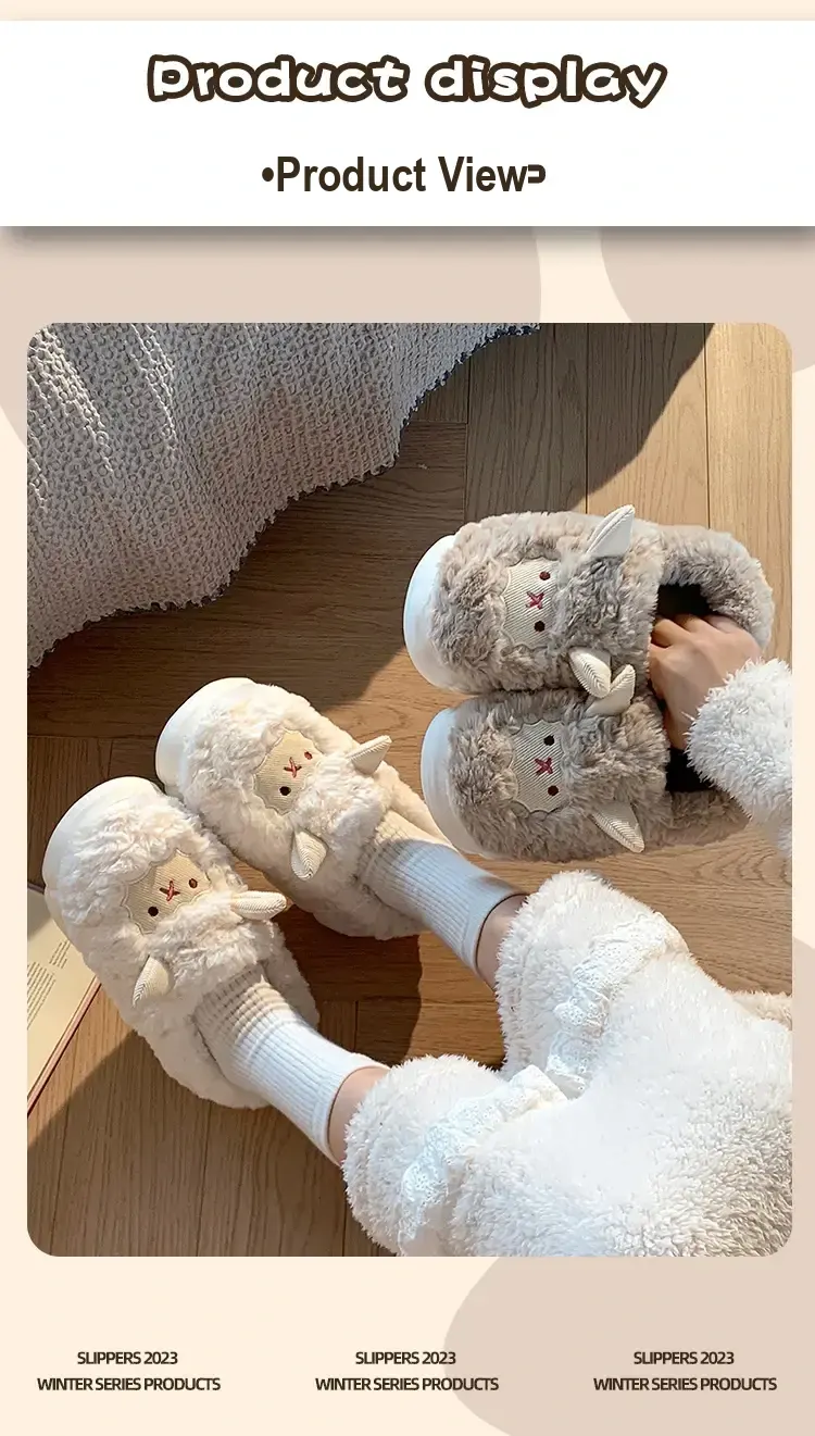 White and taupe sheep-face slippers displayed in a room