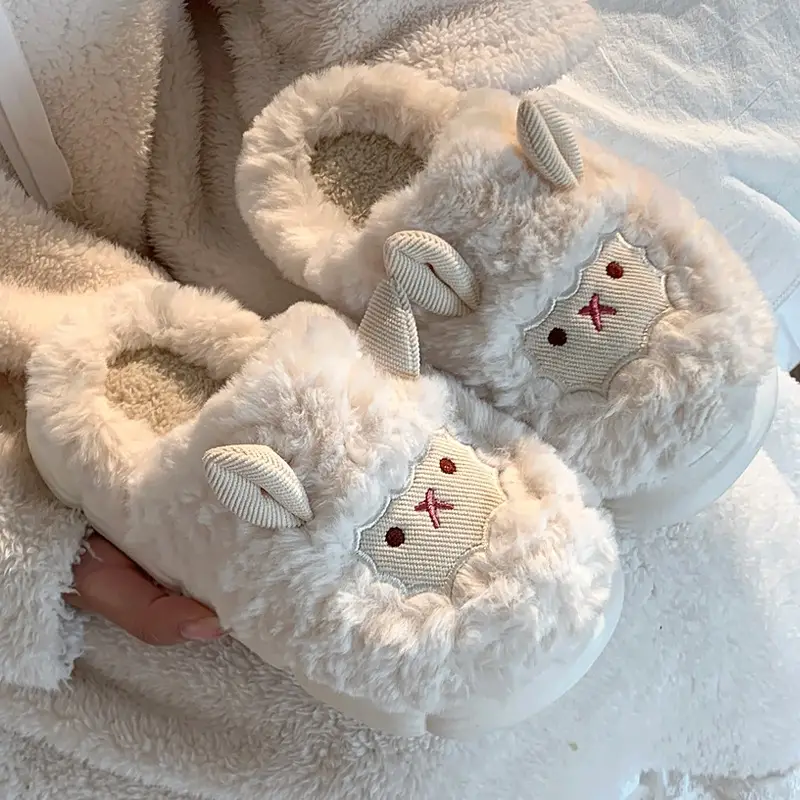 Cute Sheep Fluffy Slippers for Women Pink Winter - Image 2