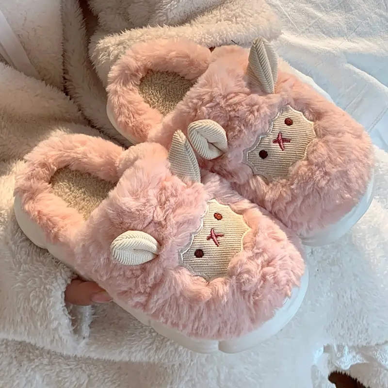 Cute Sheep Fluffy Slippers for Women Pink Winter - Image 3