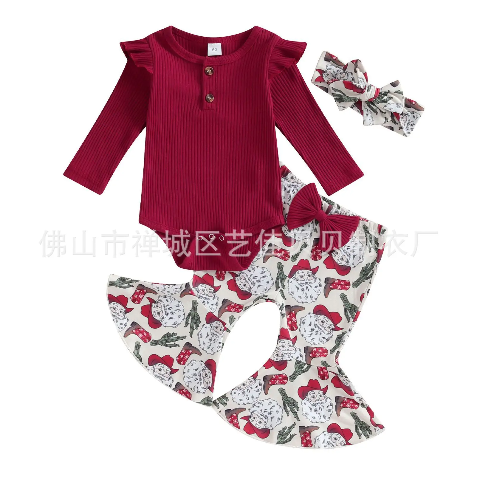 Women Red Long Sleeve Romper with Printed Flared Pants & Headdress - Image 5