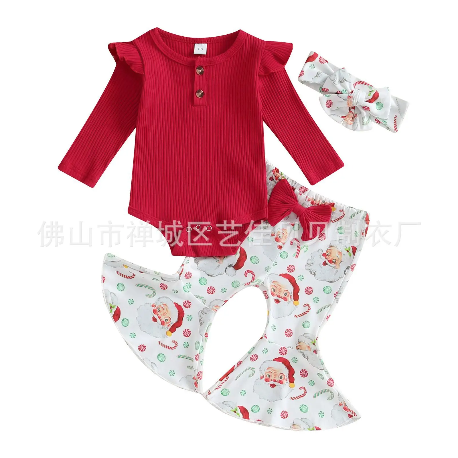 Women Red Long Sleeve Romper with Printed Flared Pants & Headdress — feature 6