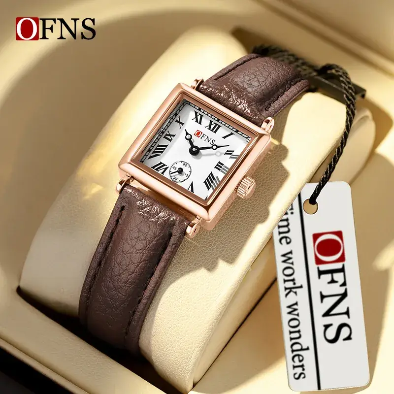 OFNS Women's Quartz Watch Square Dial Brown Leather Band - Image 9
