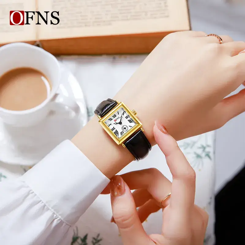 OFNS Women's Quartz Watch Square Dial Brown Leather Band - Image 11