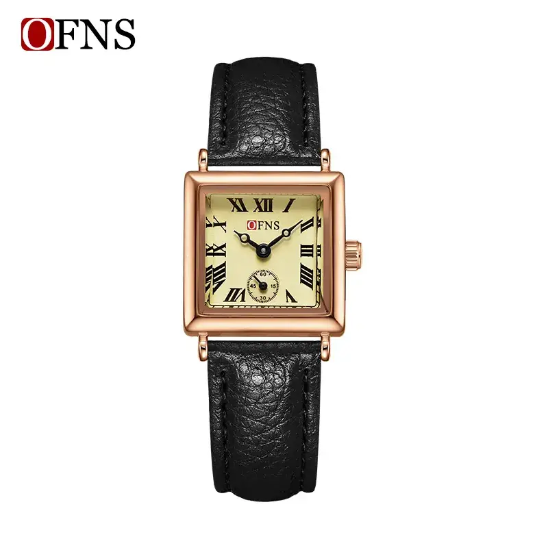 OFNS Women's Quartz Watch Square Dial Brown Leather Band - Image 3
