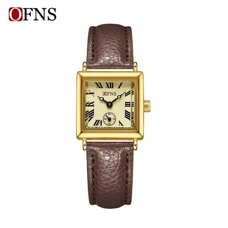 OFNS Women's Quartz Watch Square Dial Brown Leather Band - Image 5
