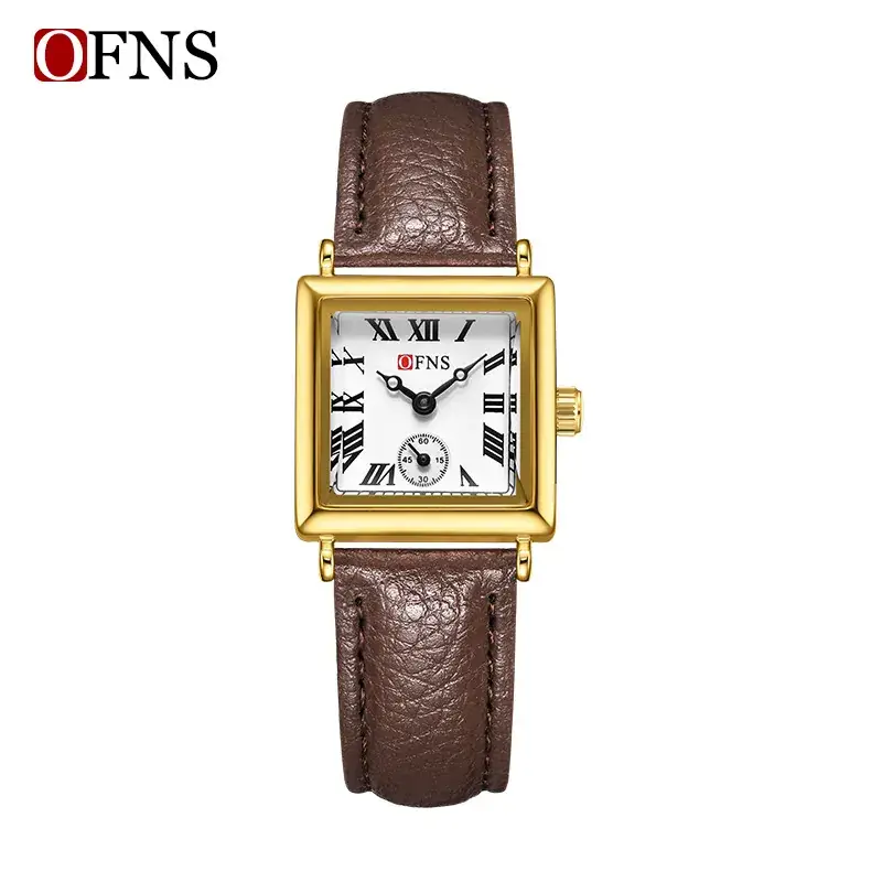 OFNS Women's Quartz Watch Square Dial Brown Leather Band - Image 6