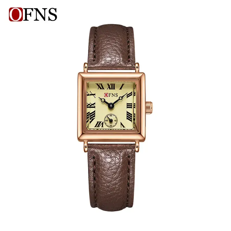 OFNS Women's Quartz Watch Square Dial Brown Leather Band - Image 7