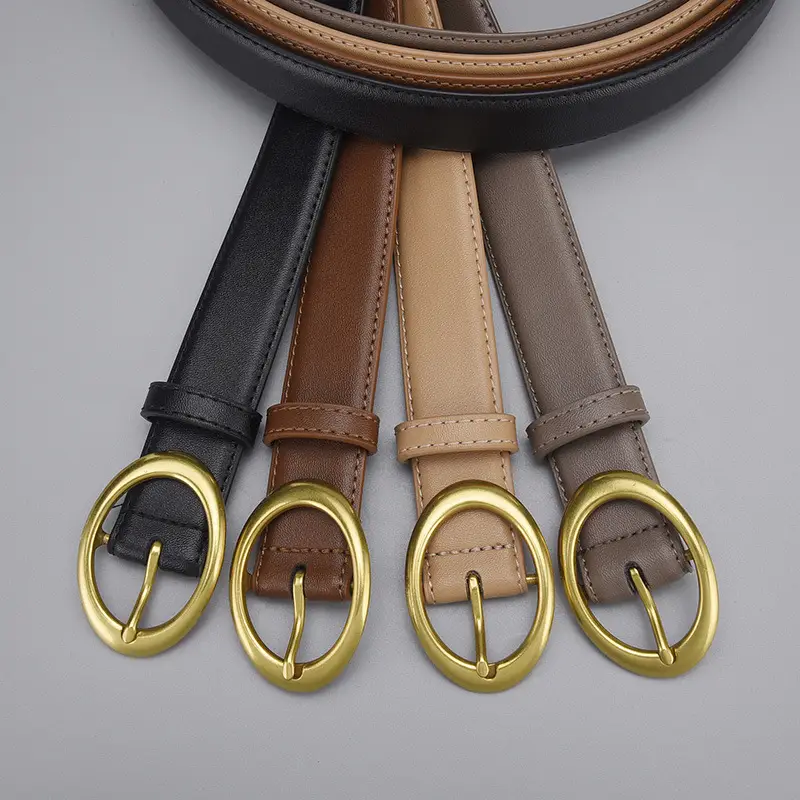 Women's Brown Cowhide Belt with Gold Oval Buckle - Image 5
