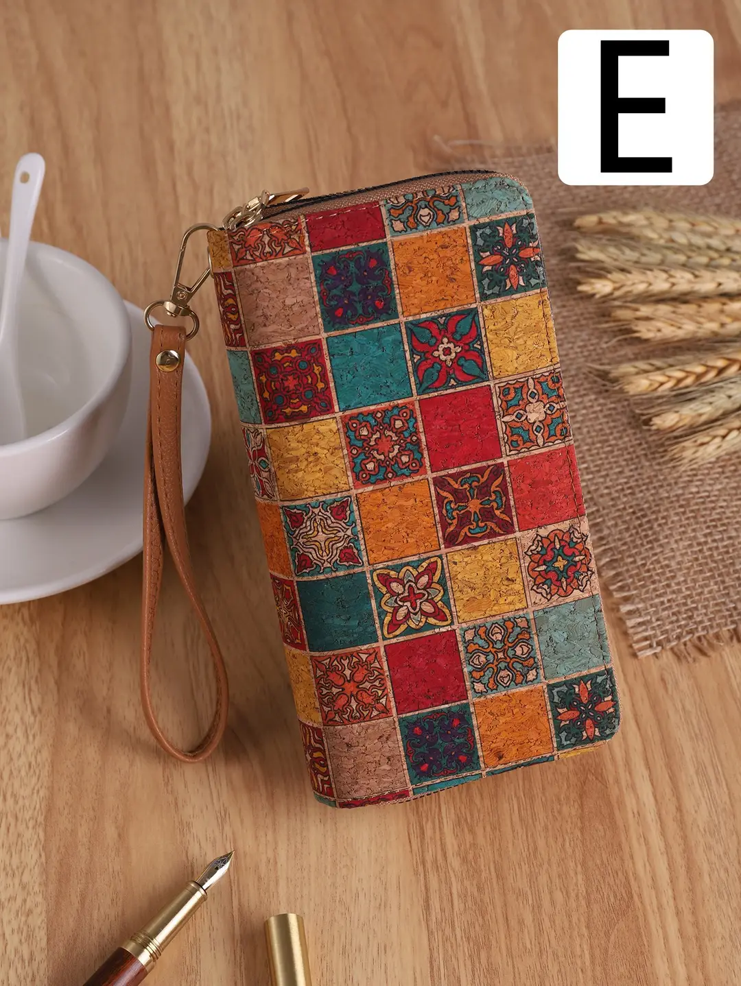 Cross-Border Bohemian Multifunctional Clutch Bag with Multiple Card Slots Wood Grain Wallet Literary Ladies Bag Card Bag Pu Small Bag