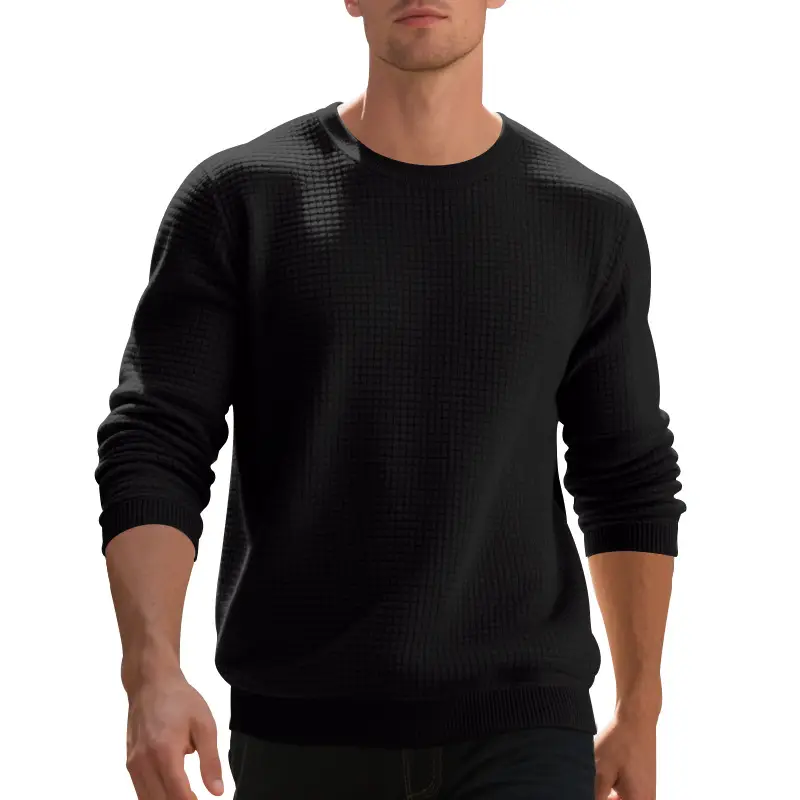 Men's Grey Waffle Knit Sweatshirt Long Sleeve Casual - Image 7