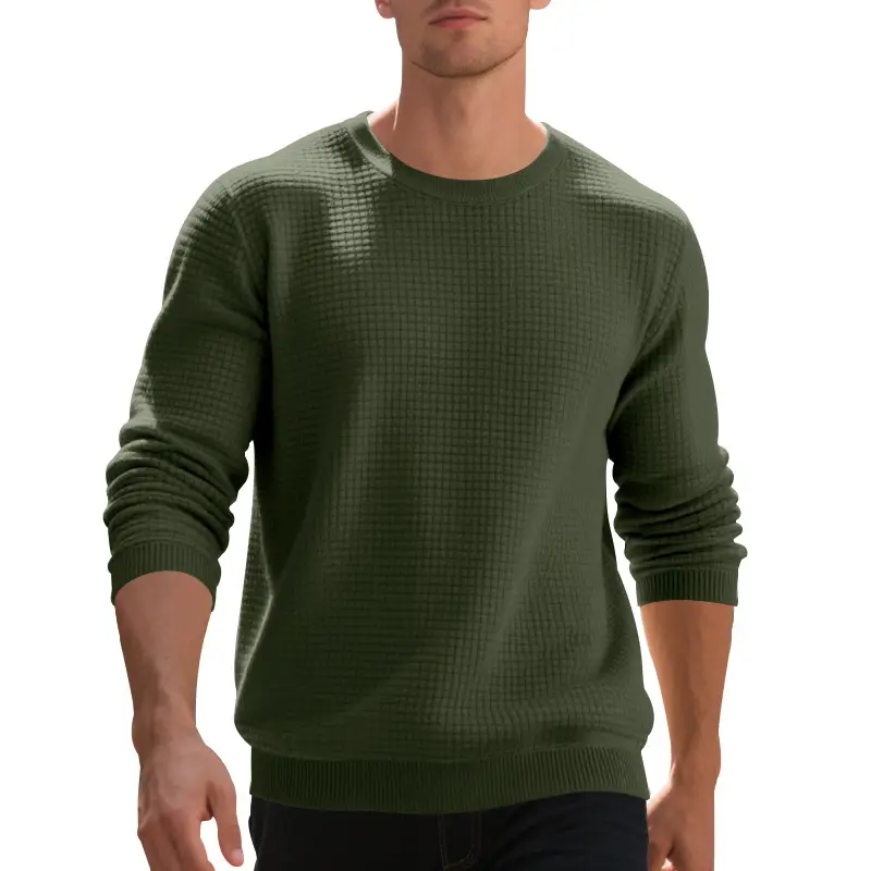 Men's Grey Waffle Knit Sweatshirt Long Sleeve Casual - Image 8