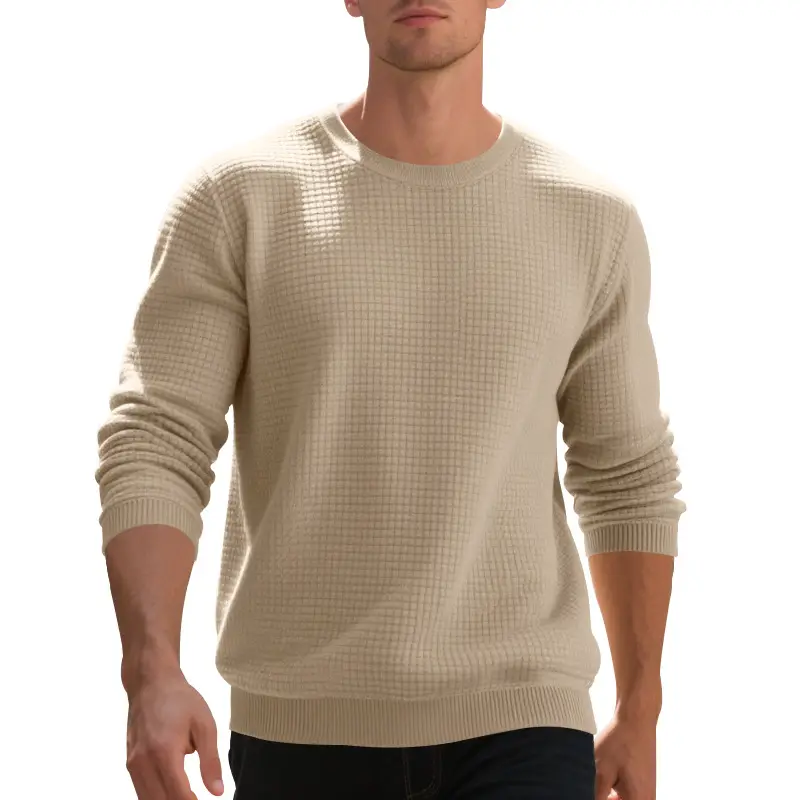 Men's Grey Waffle Knit Sweatshirt Long Sleeve Casual - Image 9