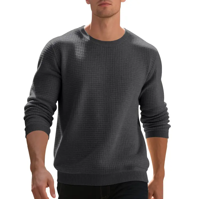 Men's Grey Waffle Knit Sweatshirt Long Sleeve Casual - Image 10