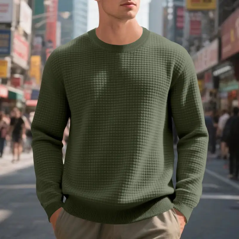 Men's Grey Waffle Knit Sweatshirt Long Sleeve Casual - Image 2