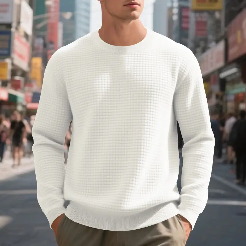 Men's Grey Waffle Knit Sweatshirt Long Sleeve Casual - Image 4