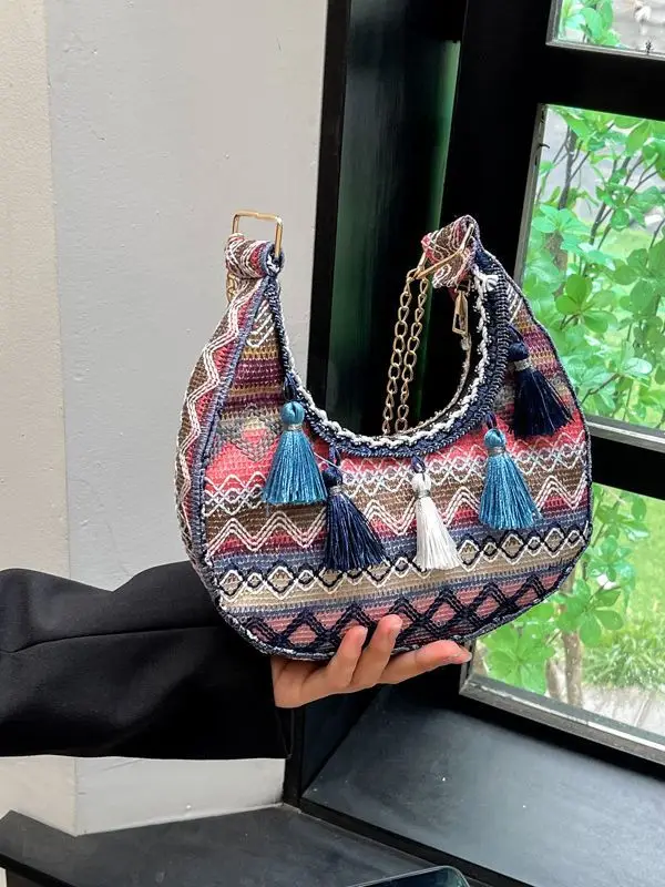 Embroidered Ethnic Style Tassel Bag for Women 2026 New Woven Shoulder Crossbody Bag Fashionable Holiday Style Underarm Bag - Image 4