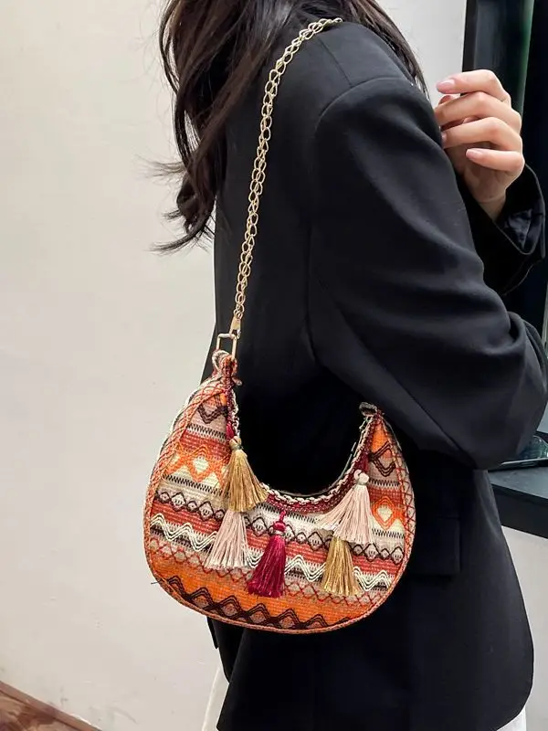 Embroidered Ethnic Style Tassel Bag for Women 2026 New Woven Shoulder Crossbody Bag Fashionable Holiday Style Underarm Bag - Image 5
