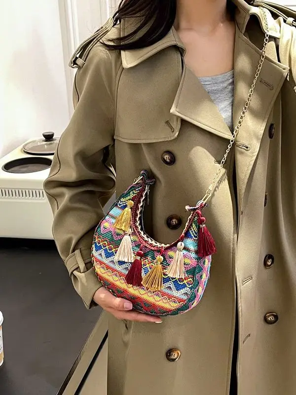 Embroidered Ethnic Style Tassel Bag for Women 2026 New Woven Shoulder Crossbody Bag Fashionable Holiday Style Underarm Bag - Image 6