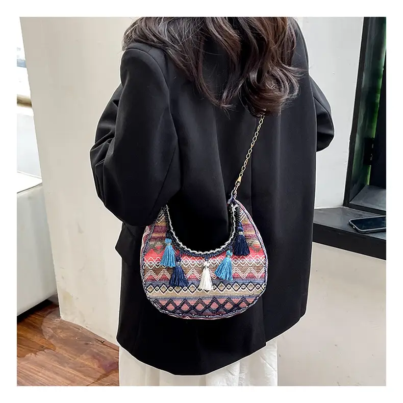 Embroidered Ethnic Style Tassel Bag for Women 2026 New Woven Shoulder Crossbody Bag Fashionable Holiday Style Underarm Bag — feature 13