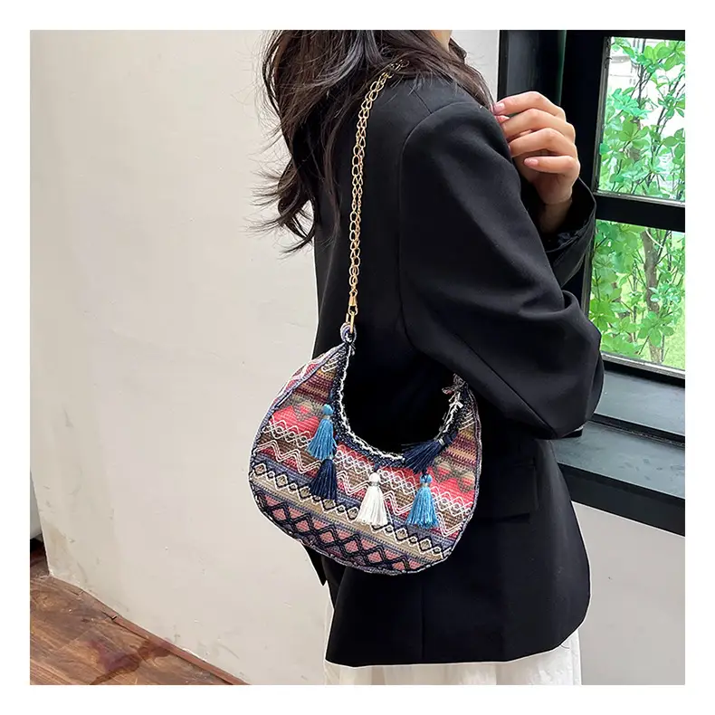 Embroidered Ethnic Style Tassel Bag for Women 2026 New Woven Shoulder Crossbody Bag Fashionable Holiday Style Underarm Bag — feature 14