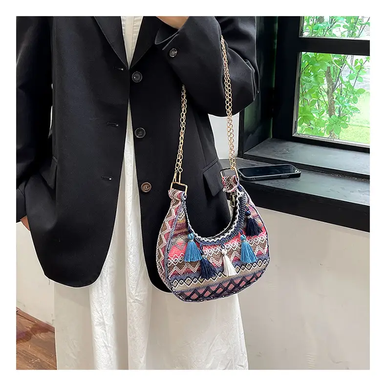 Embroidered Ethnic Style Tassel Bag for Women 2026 New Woven Shoulder Crossbody Bag Fashionable Holiday Style Underarm Bag — feature 16