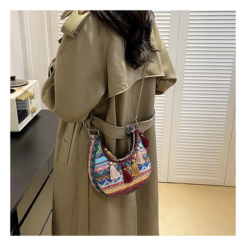 Embroidered Ethnic Style Tassel Bag for Women 2026 New Woven Shoulder Crossbody Bag Fashionable Holiday Style Underarm Bag — feature 24