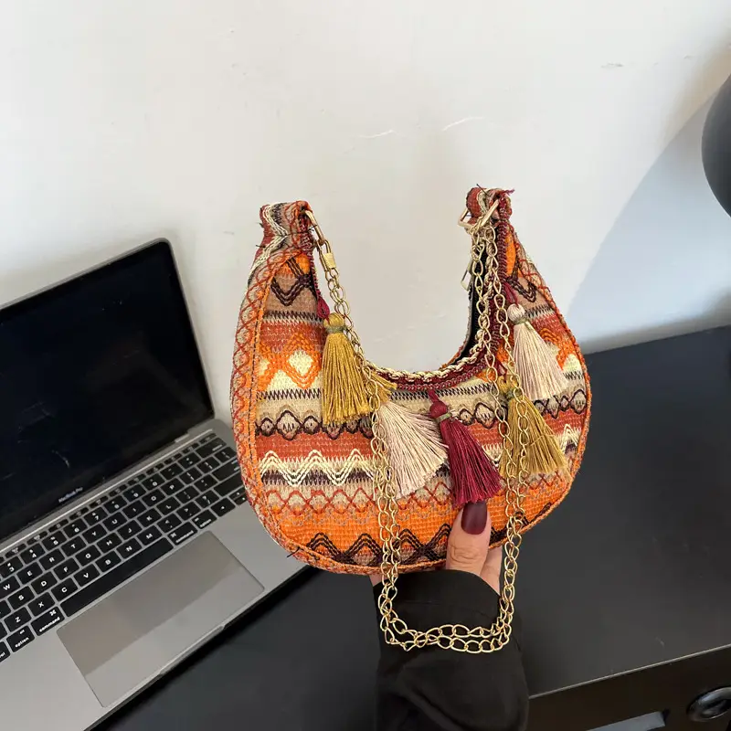 Embroidered Ethnic Style Tassel Bag for Women 2026 New Woven Shoulder Crossbody Bag Fashionable Holiday Style Underarm Bag - Image 2