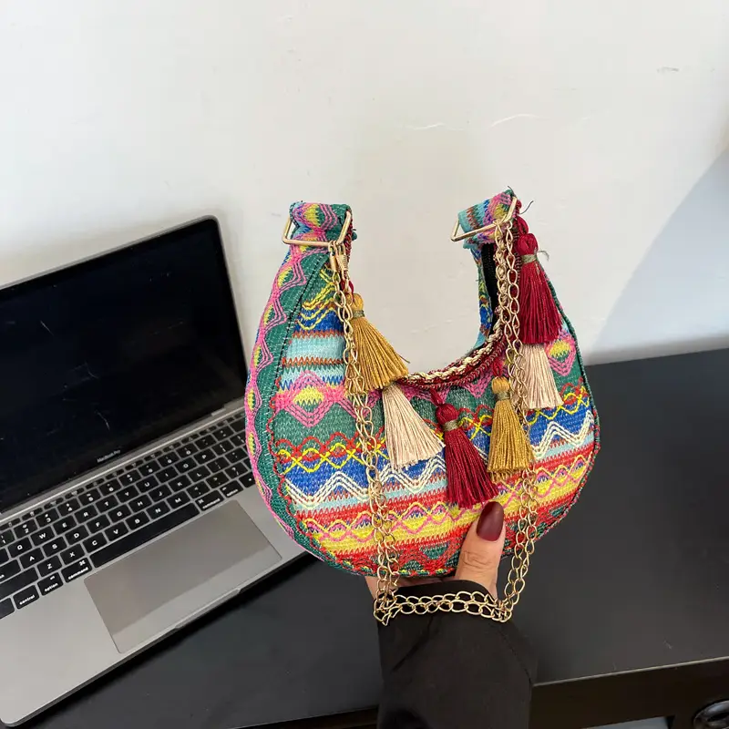 Embroidered Ethnic Style Tassel Bag for Women 2026 New Woven Shoulder Crossbody Bag Fashionable Holiday Style Underarm Bag - Image 3