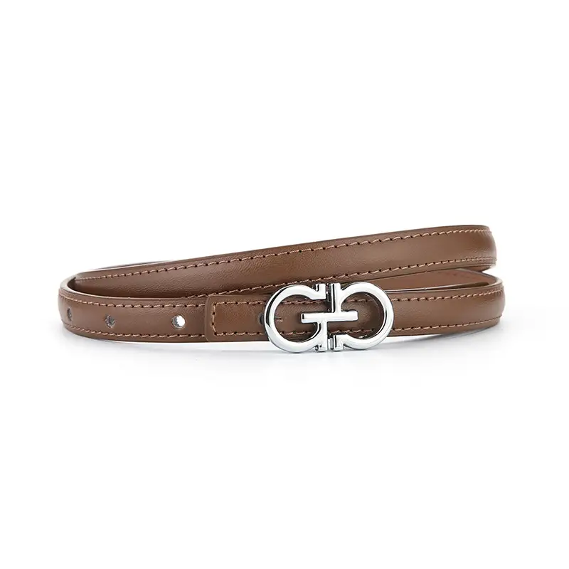 Women's Brown Leather Belt with Silver GG Logo - Image 4
