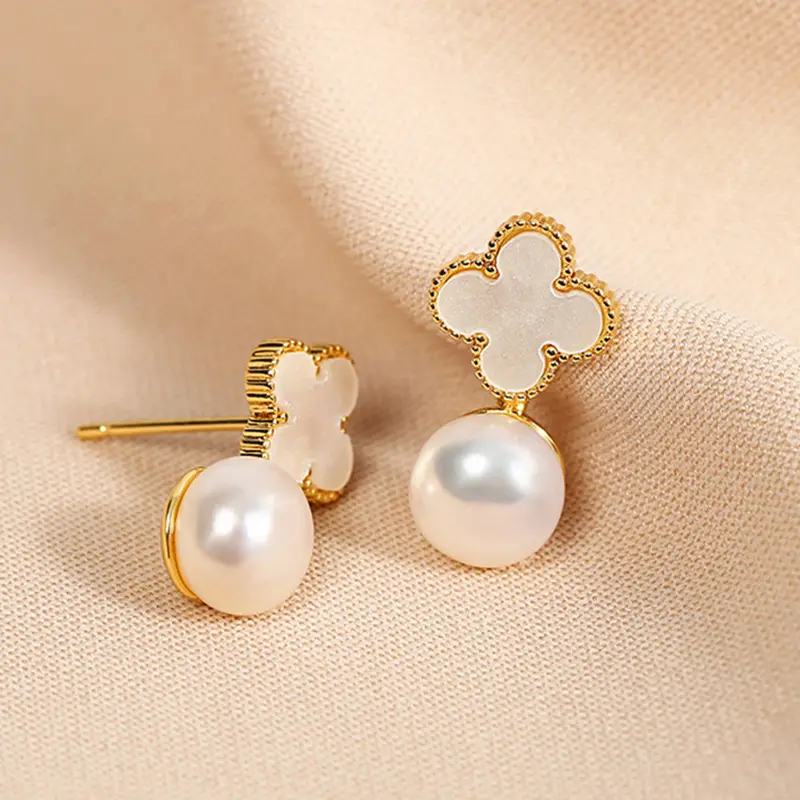 Lucky Four-Leaf Clover Pearl Earrings S925 Silver
