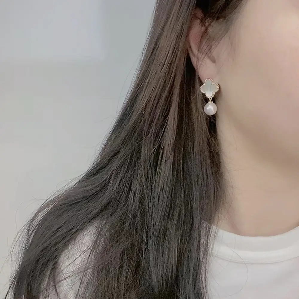 Lucky Four-Leaf Clover Pearl Earrings S925 Silver — feature 4