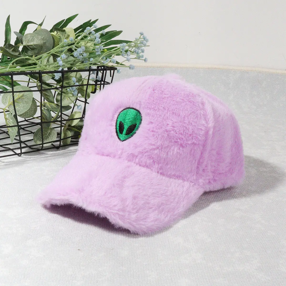 Green Furry Plush Baseball Cap with Alien Design