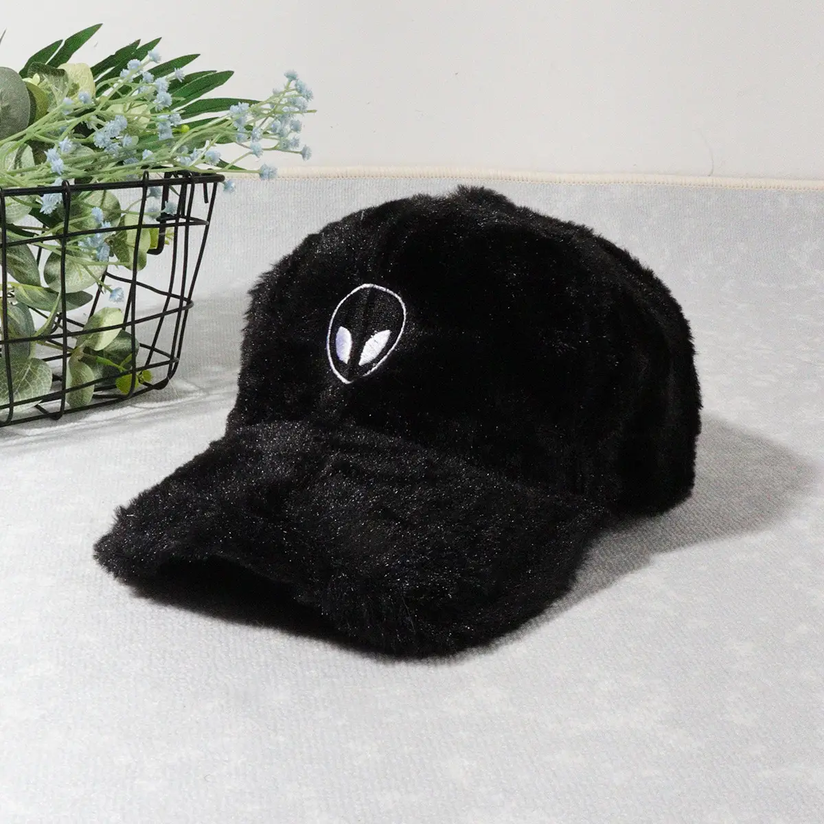 Green Furry Plush Baseball Cap with Alien Design