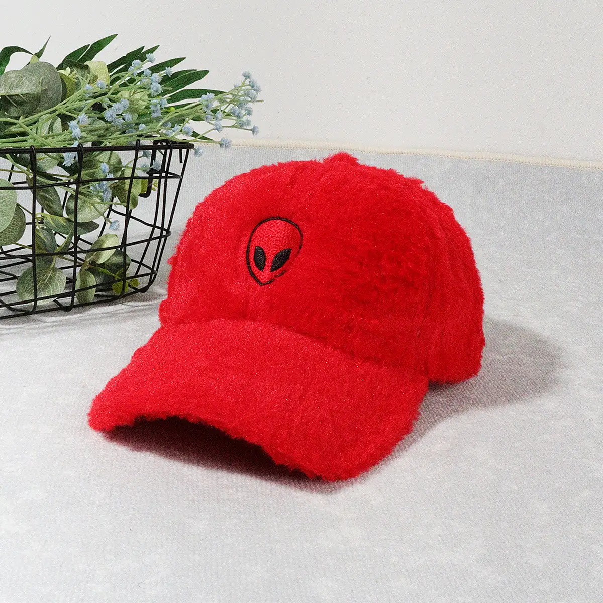 Green Furry Plush Baseball Cap with Alien Design