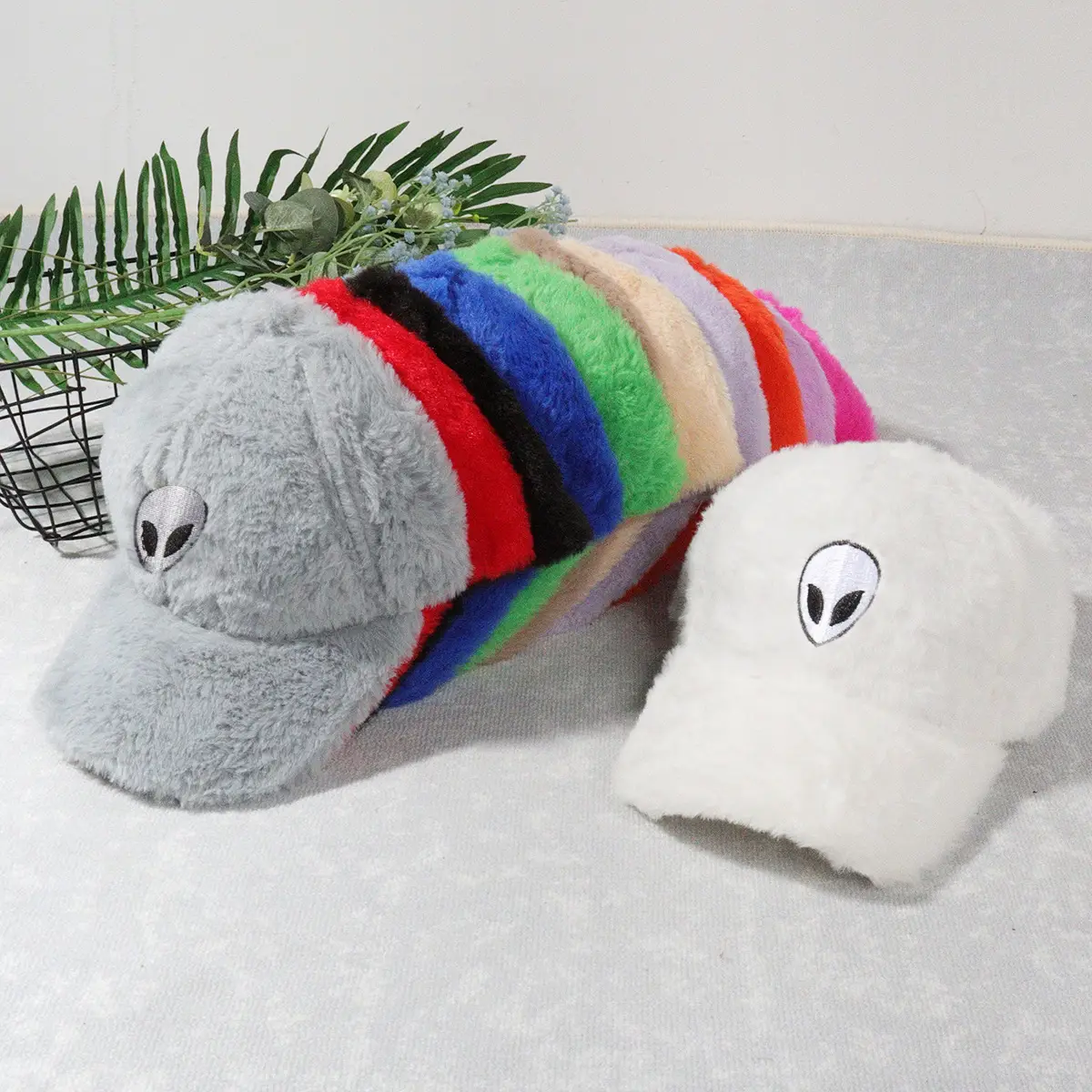 Green Furry Plush Baseball Cap with Alien Design — feature 1