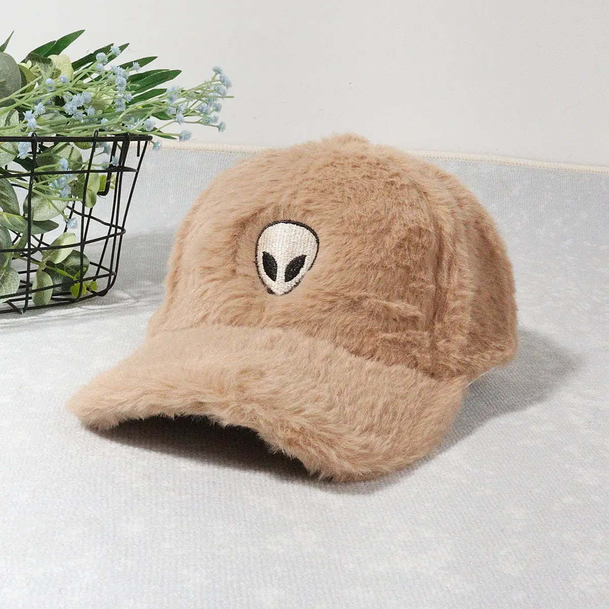 Green Furry Plush Baseball Cap with Alien Design — feature 11
