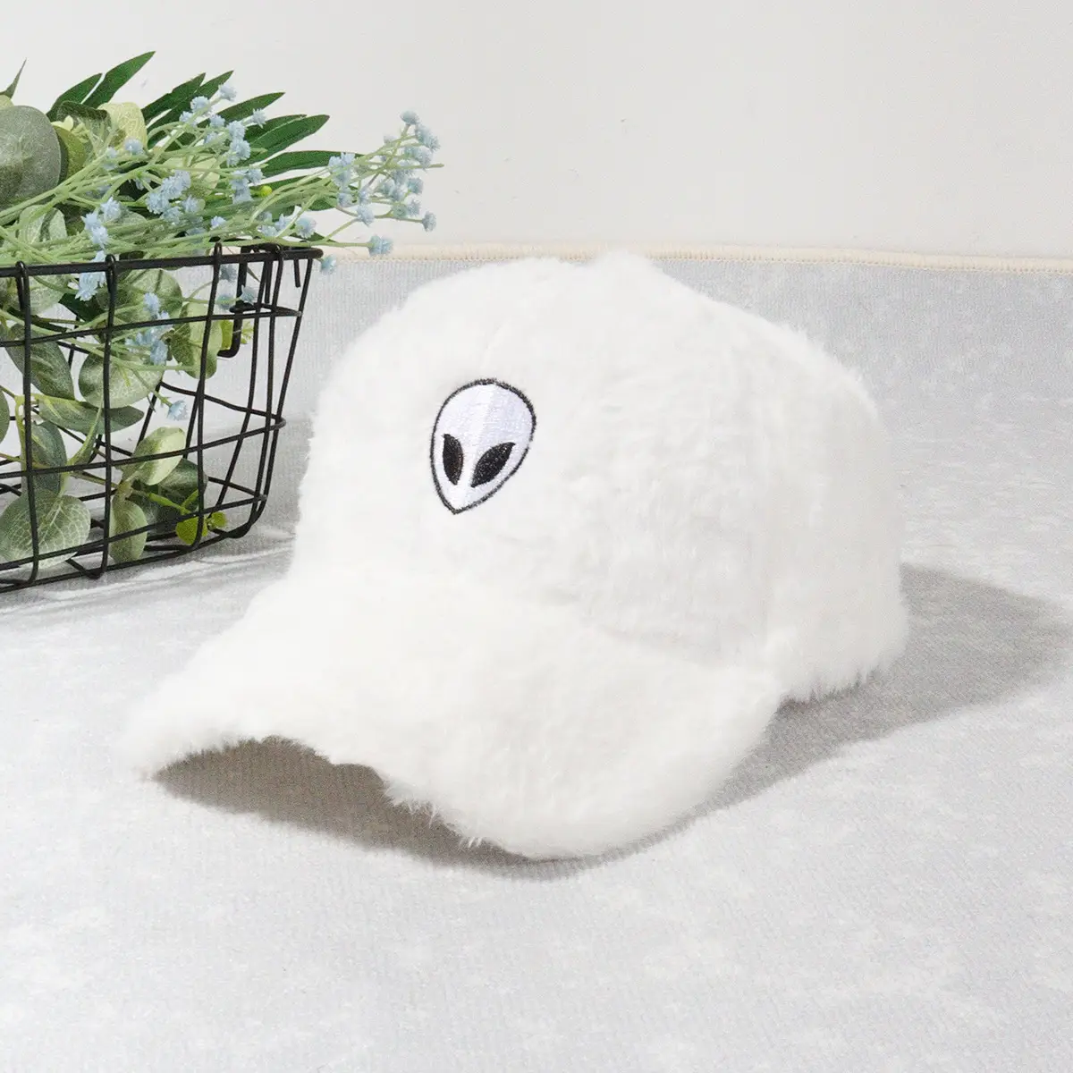 Green Furry Plush Baseball Cap with Alien Design — feature 13
