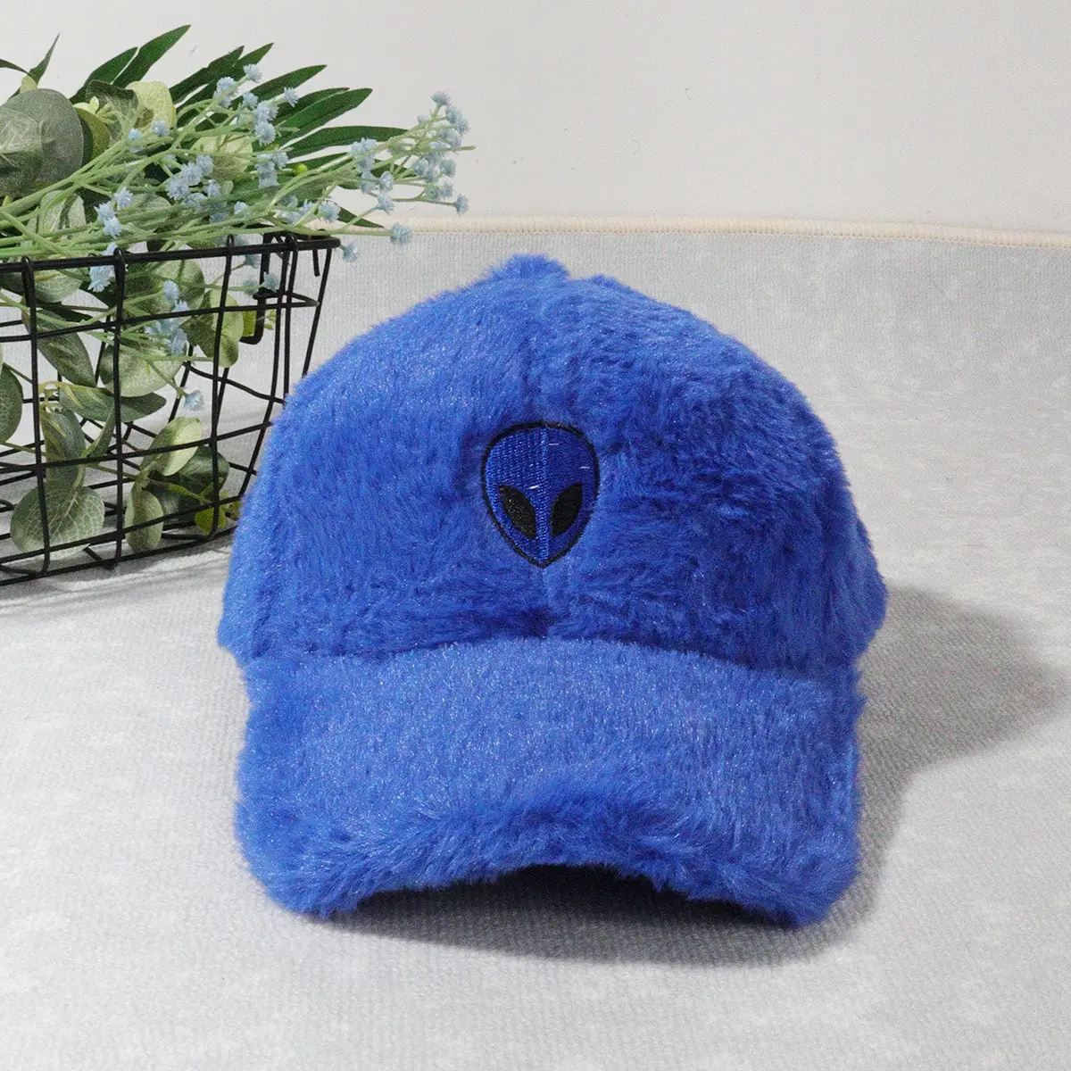 Green Furry Plush Baseball Cap with Alien Design — feature 14