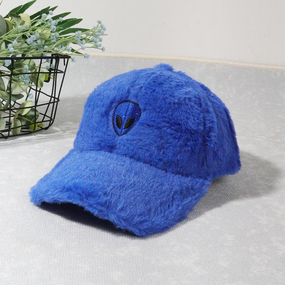 Green Furry Plush Baseball Cap with Alien Design — feature 15