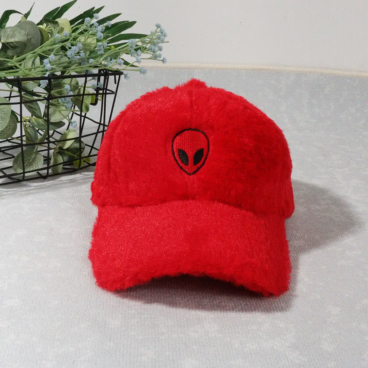 Green Furry Plush Baseball Cap with Alien Design — feature 16