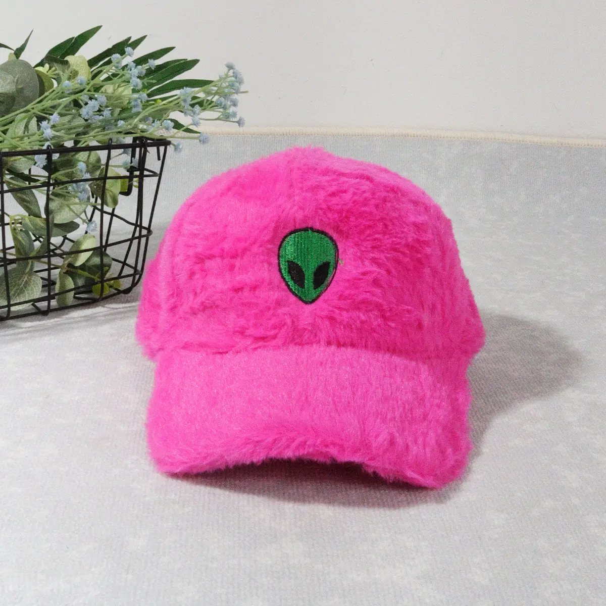 Green Furry Plush Baseball Cap with Alien Design — feature 18