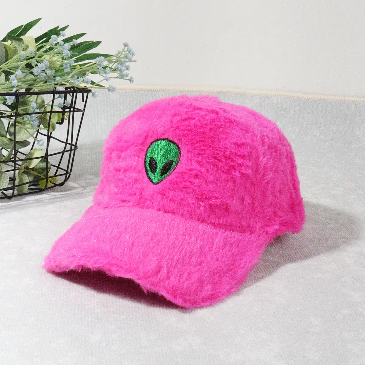 Green Furry Plush Baseball Cap with Alien Design — feature 19