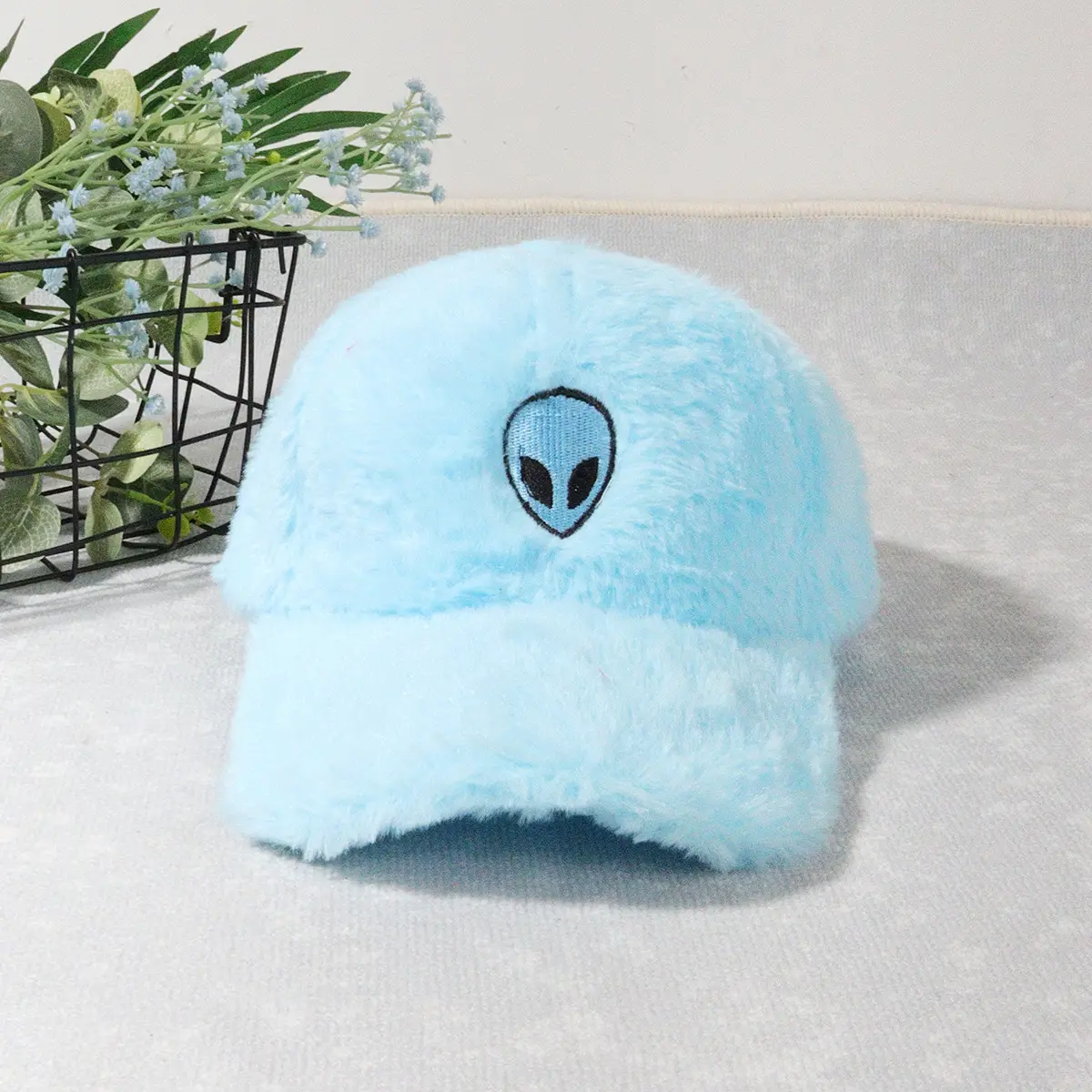 Green Furry Plush Baseball Cap with Alien Design — feature 20